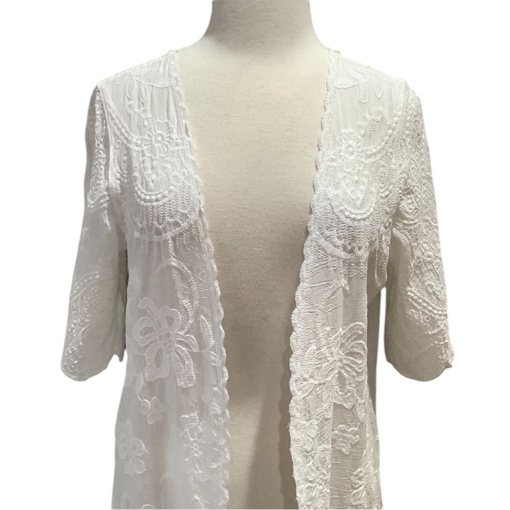 Kindred White Embroidered Floral Open Front Kimono Duster Sz L Beach Casual - Picture 7 of 13